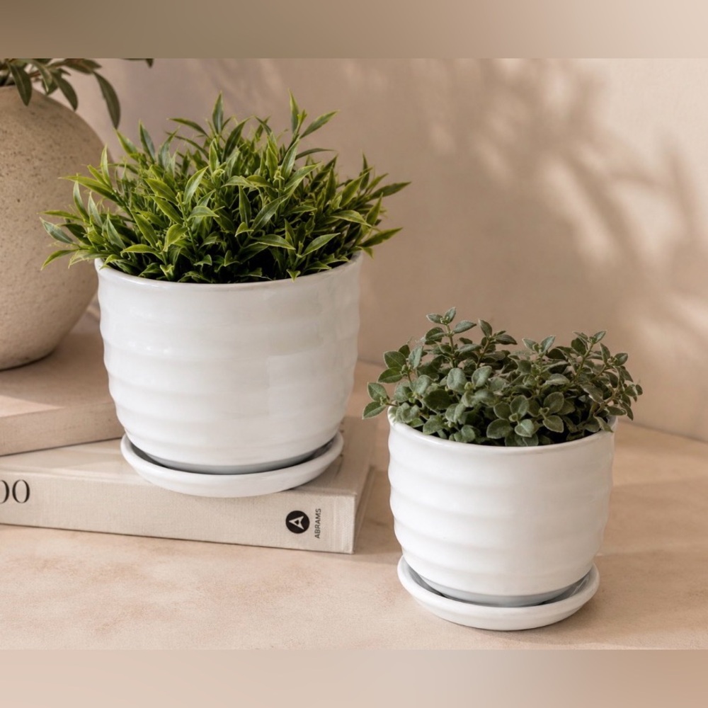 White Ceramic Ripple Planters with Saucer (Set of 2)